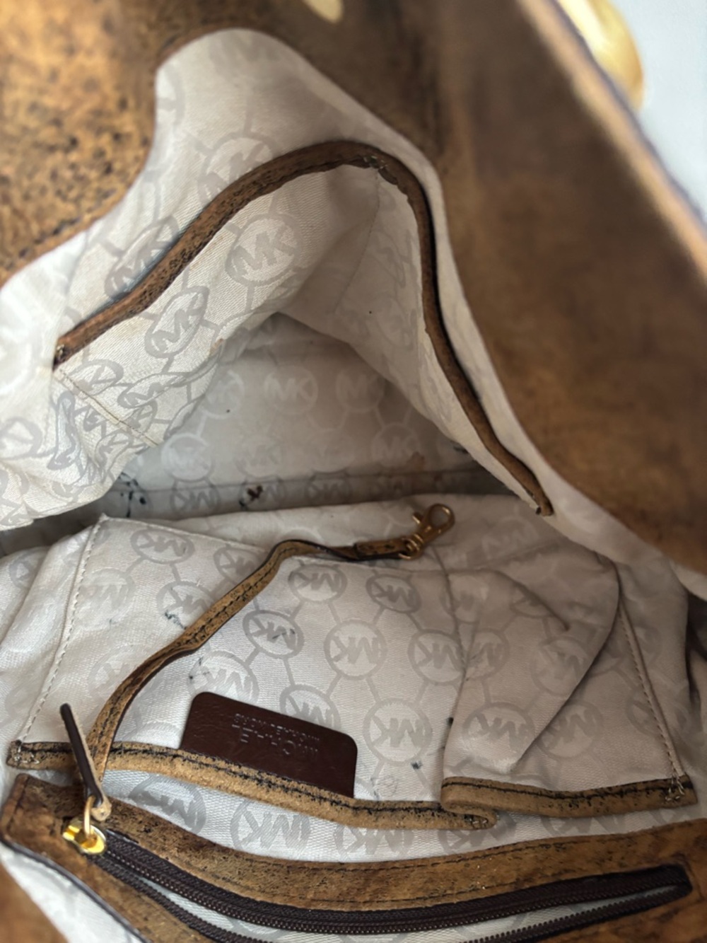 Michael Kors Distressed Tan/Brown Leather Satchel with Gold Hardware - Picture 6 of 8